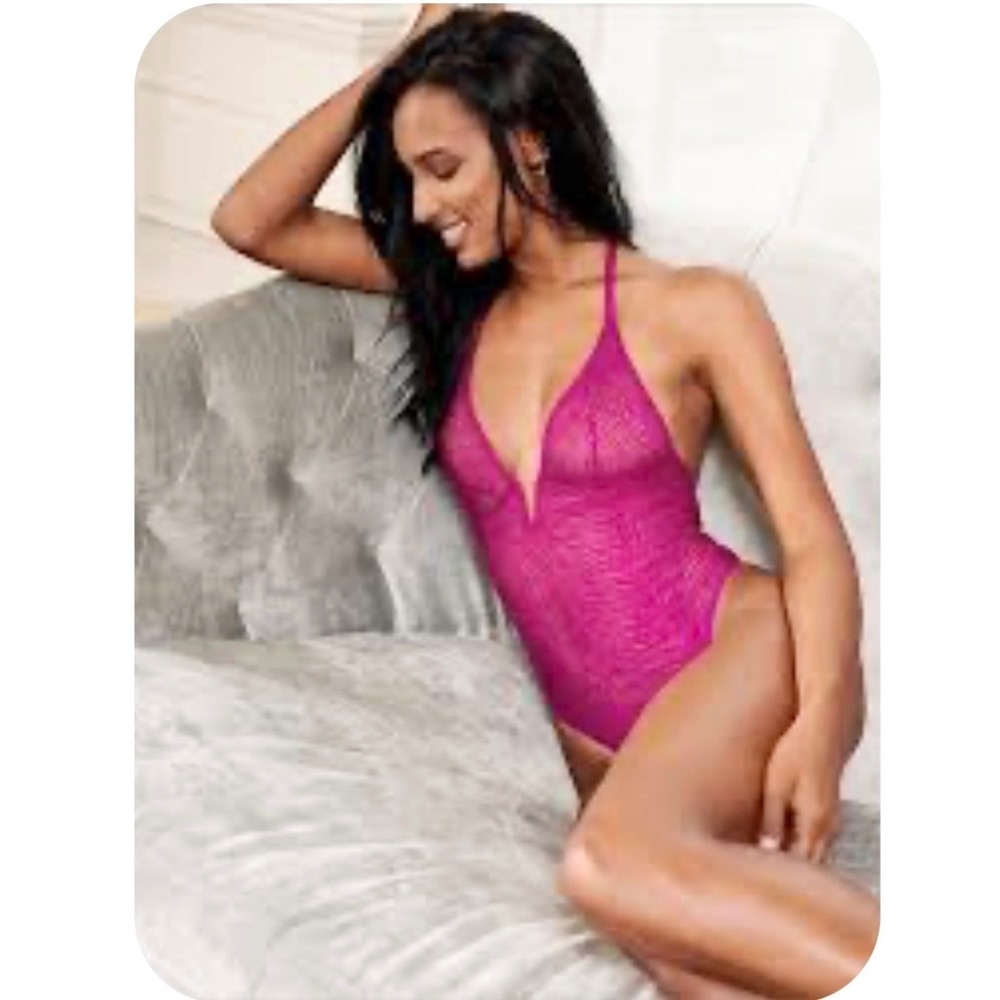 Victoria's Secret Lace Teddy Zebra Mesh Plunge Halter, Womens S Pink